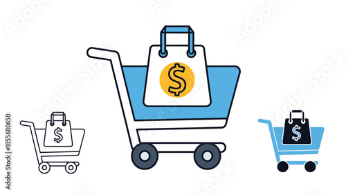 Shopping cart icon with dollar sign bag for e commerce and retail concepts