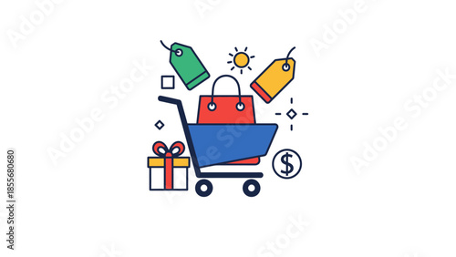 Shopping cart illustration with bags tags gift and currency symbol on white