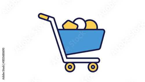 Shopping cart icon filled with groceries isolated on white background