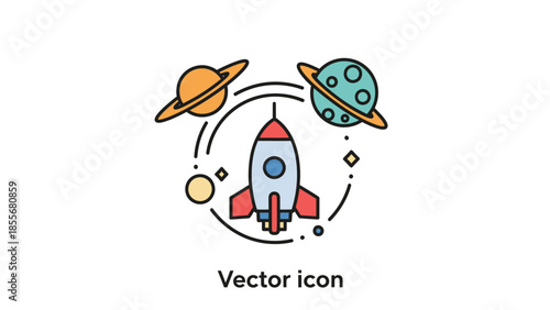 Colorful illustration of a rocket ship with planets and stars on white background