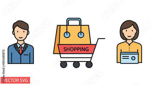 Shopping icons man woman shopping bag in a cart and credit card