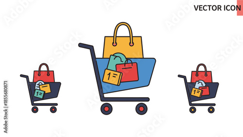 Shopping cart illustrations with bags and price tags in vector design