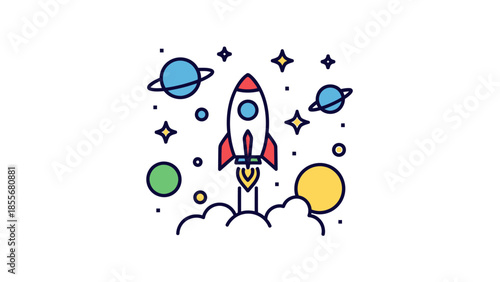 Cartoon rocket launching into space with planets and stars illustration