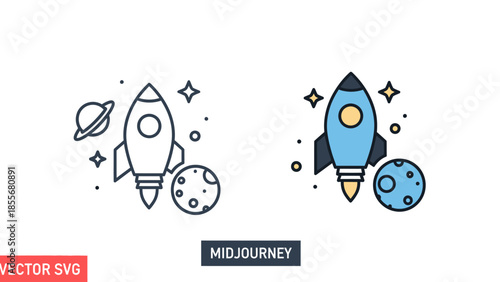 Illustrated rocket and celestial bodies in space on a white background