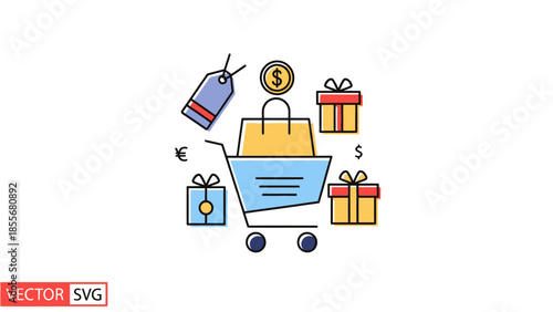 Shopping cart with gift boxes tag and currency icons on a white backdrop