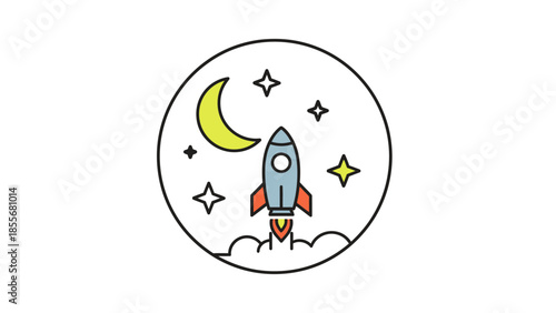Cartoon rocket ship launching into space with stars and moon illustration