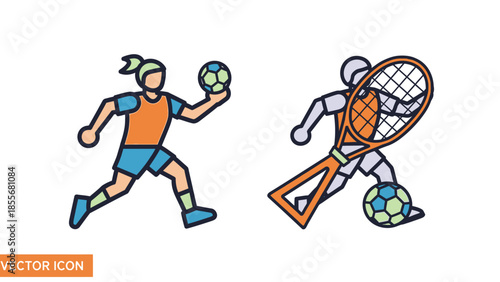 Sports icons handball and tennis players in action isolated vector design