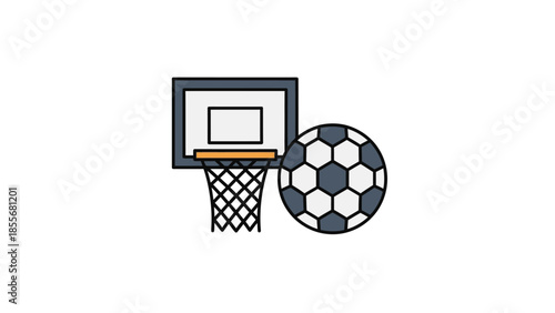 Basketball hoop and soccer ball illustration on white background