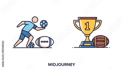 Sports illustration set with athlete trophy and balls in graphic design