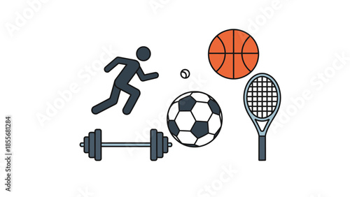 Sports icons athlete running basketball tennis soccer and weightlifting graphics