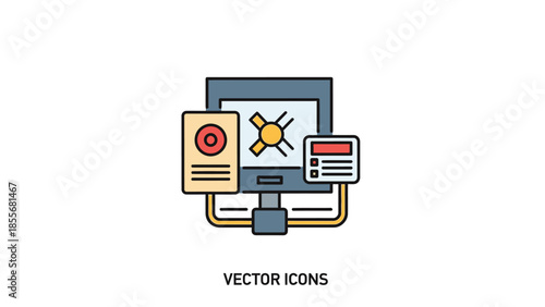 Computer monitor illustration with connected components flat vector icon design