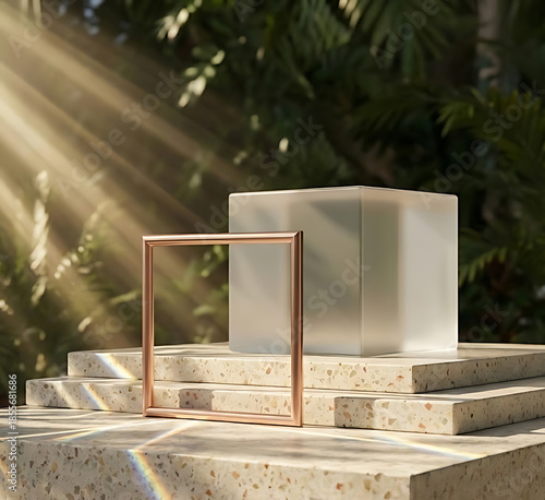 AI GENERATED: Luxurious 3D abstract composition with rose gold metal frame and frosted glass block on terrazzo podium with botanical background and copy space