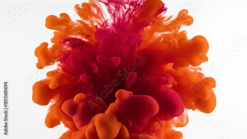 Extreme slow motion macro shot of bright orange and crimson watercolor pigments blooming and diffusing through water to form a delicate floral design artwork, abstract, organic