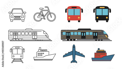Transportation illustrations car bicycle bus train airplane ship vector elements