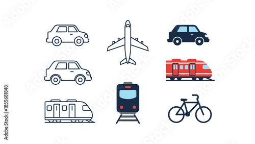 Transportation icons cars airplane train bicycle vectors on white