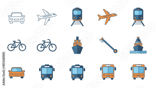 Transportation icons vehicles of all kinds in colorful vector illustration