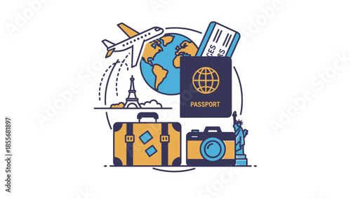 Travel themed illustration with world map passport airplane and suitcase