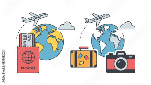 Travel illustration planes globe passport camera suitcase and ticket elements
