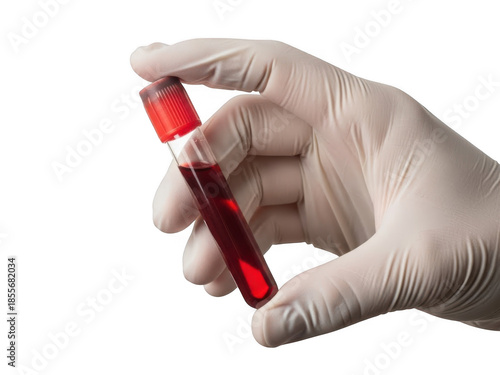 Hand holding blood sample isolated on transparent background