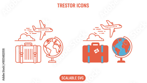 Travel icons airplane globe and suitcase in minimalist vector design