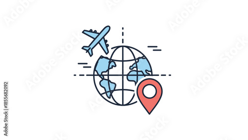 Global travel illustration globe airplane and location pin concept