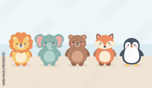 Pixel Art Cute Animals Group Lion Elephant Bear Fox Penguin Standing Together Beach Background Pastel Colors