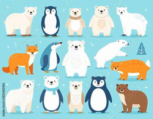 Arctic Animals Collection Featuring Polar Bears Penguins Foxes And Bears In A Blue Snowing Background With Tree