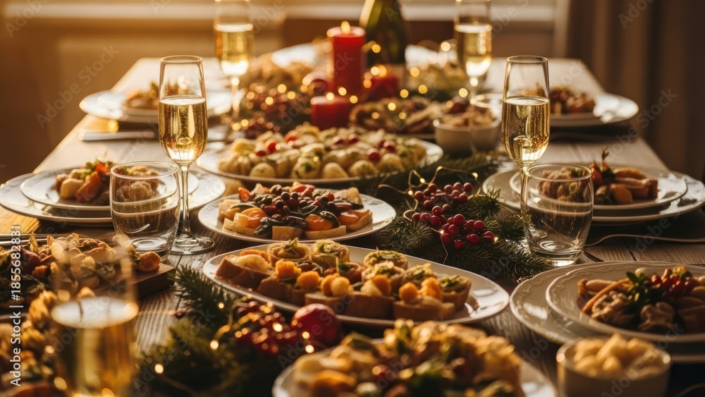 Naklejka premium Festive banquet with diverse dishes, candles, and champagne glasses on a wooden table
