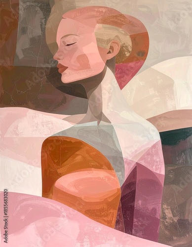 Modern abstract figurative illustration of a serene woman with closed eyes, created with soft cubist shapes and layered painterly textures.