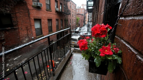 Red flowers in a black pot on a balcony.