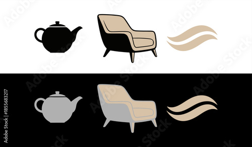 Teapot and chair illustration in black and white color