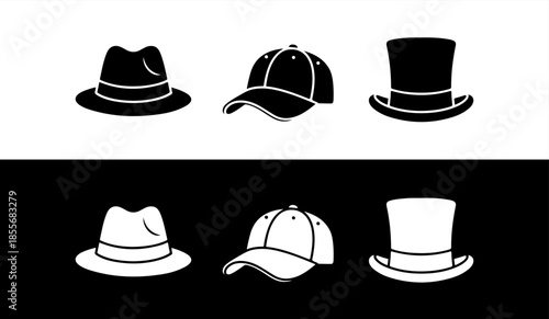 Collection of different types of hats in black and white