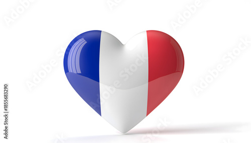 Glossy 3D heart representing the French flag, symbolizing patriotism and love for France, rendered with vibrant colors and strong highlights on a pristine white background Free Download Glossy 3D heart representing the French flag, symbolizing patriotism and love for France, rendered with vibrant colors and strong highlights on a pristine white background - GFXLoad