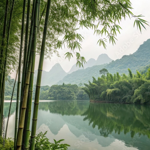 Peaceful bamboo grove overlooking serene river and misty mountains landscape