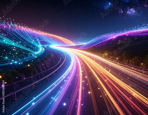 Digital highway with streaks of vibrant light under a starry night