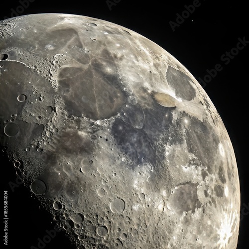 Detailed close-up view of the moon's surface textures and craters in space