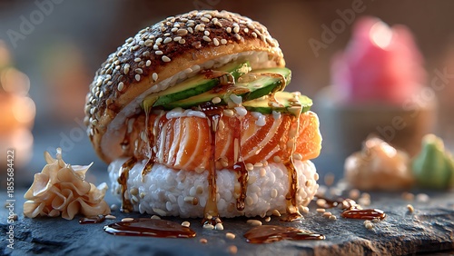 Indulge in a decadent sushi burger masterpiece, a vibrant fusion of fresh salmon, creamy avocado, and seasoned rice buns drizzled with savory sauce.