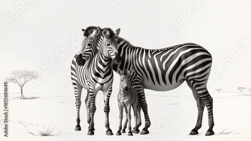 Wildlife Sketch Of Mother And Foal, Serene Ink Drawing Showcasing Mother And Baby Zebra On Savannah