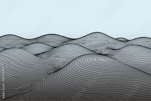 Abstract Landscape, Waves of Curves, Digital Art, Minimalist Environment, Aerial View, Fluidity Concept