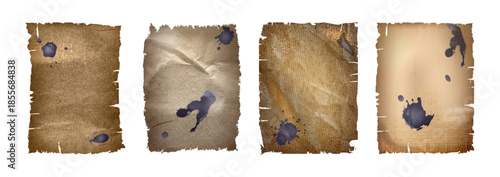 Old paper letters set with ink stains and ripped edges. Vector realistic illustration of antique damaged parchment texture, dirty crumpled pages, grunge background for vintage newspaper or shabby book