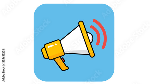 A cartoon illustration of a yellow and white megaphone with red sound waves on a light blue background.
