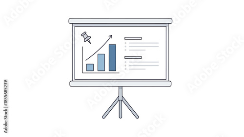 A minimalist line art illustration of a presentation screen displaying a bar chart with an upward trend, a pushpin, and bullet points, set on a tripod stand.