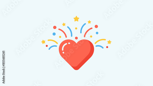 A vibrant red heart icon surrounded by colorful celebratory fireworks and stars on a light background.