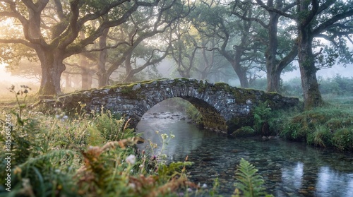 An ancient stone bridge gra...