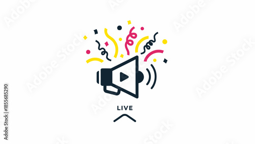 Minimalist black outline megaphone with play button icon and colorful confetti for live event announcement and celebration.