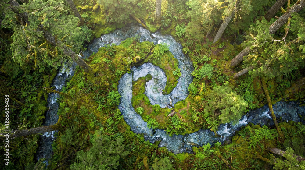 Obraz premium An aerial perspective showcases a stunning spiral formation carved by the river flowing through a lush, verdant forest, highlighting nature's artistry.