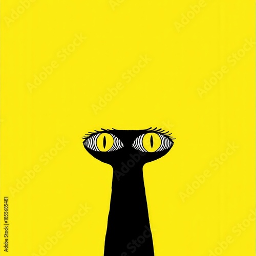 Una intensa mirada felina emerge de la oscuridad sobre un fondo amarillo brillante.