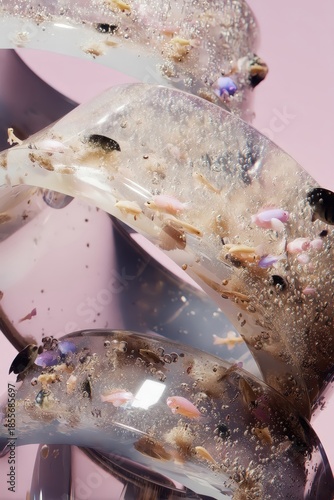 Una macrofotografía de una pieza de resina encapsulada con elementos florales y pétalos, sobre un fondo rosa pastel.