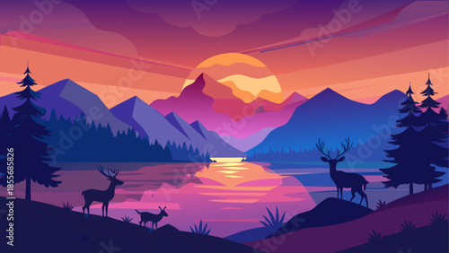 Mountain sunset with deer isolated on white background