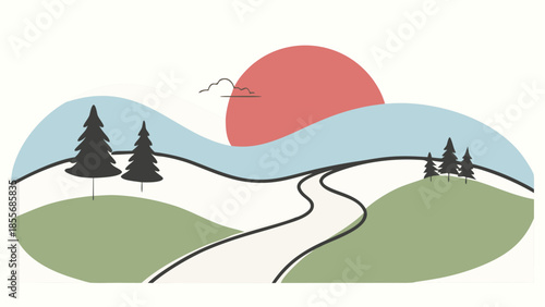 Winding road with sunset and trees, isolated on white background